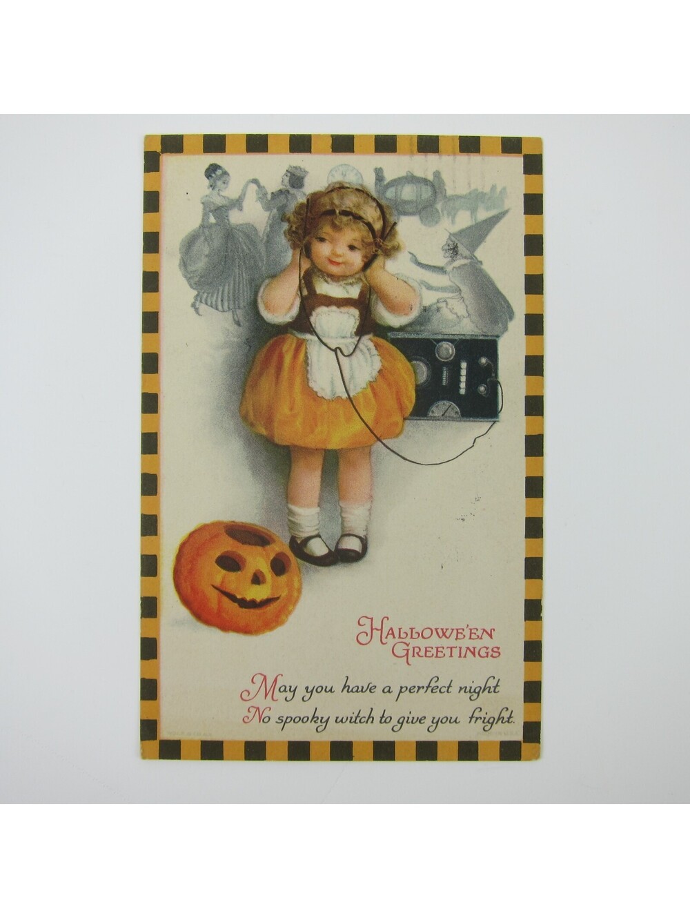 Vintage Halloween Postcard Wolf Clapsaddle Girl Shortwave Radio Jack-O-Lantern